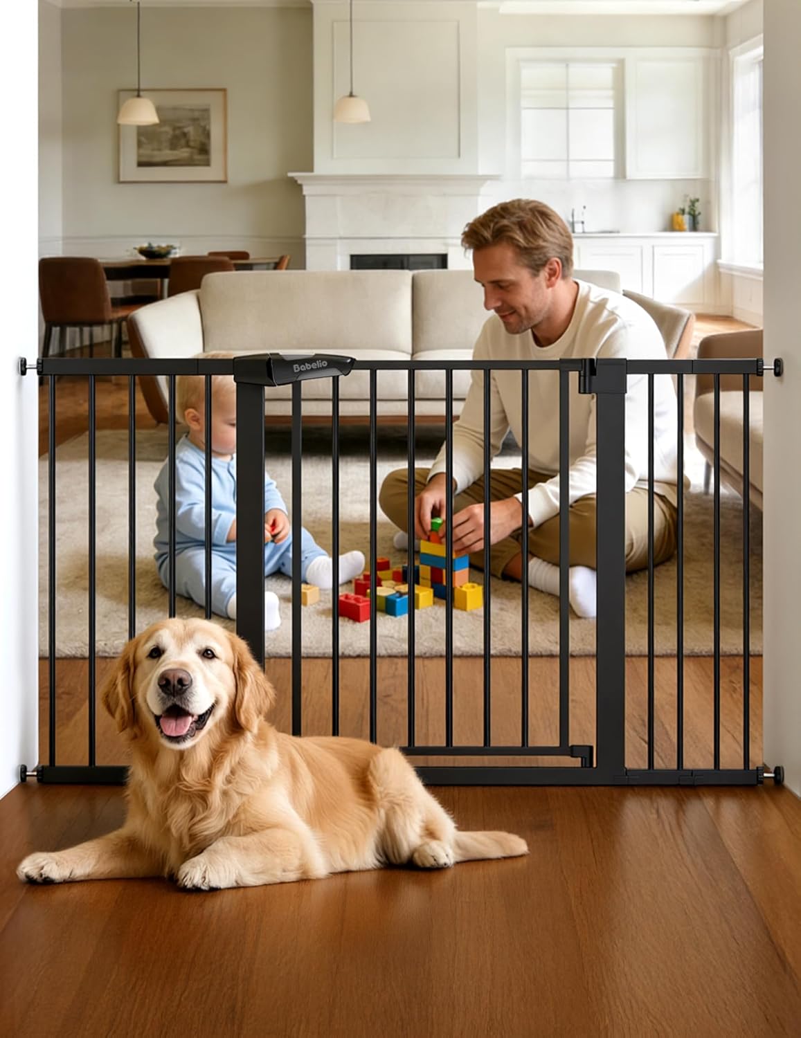 Babelio 29-55 Inch Extra Wide Baby/Dog Gate, PressGuard P7, Metal Auto Close, Pressure Mounted Pet Door for Doorways, NO Need Tools and Drilling, with Wall Cups, White