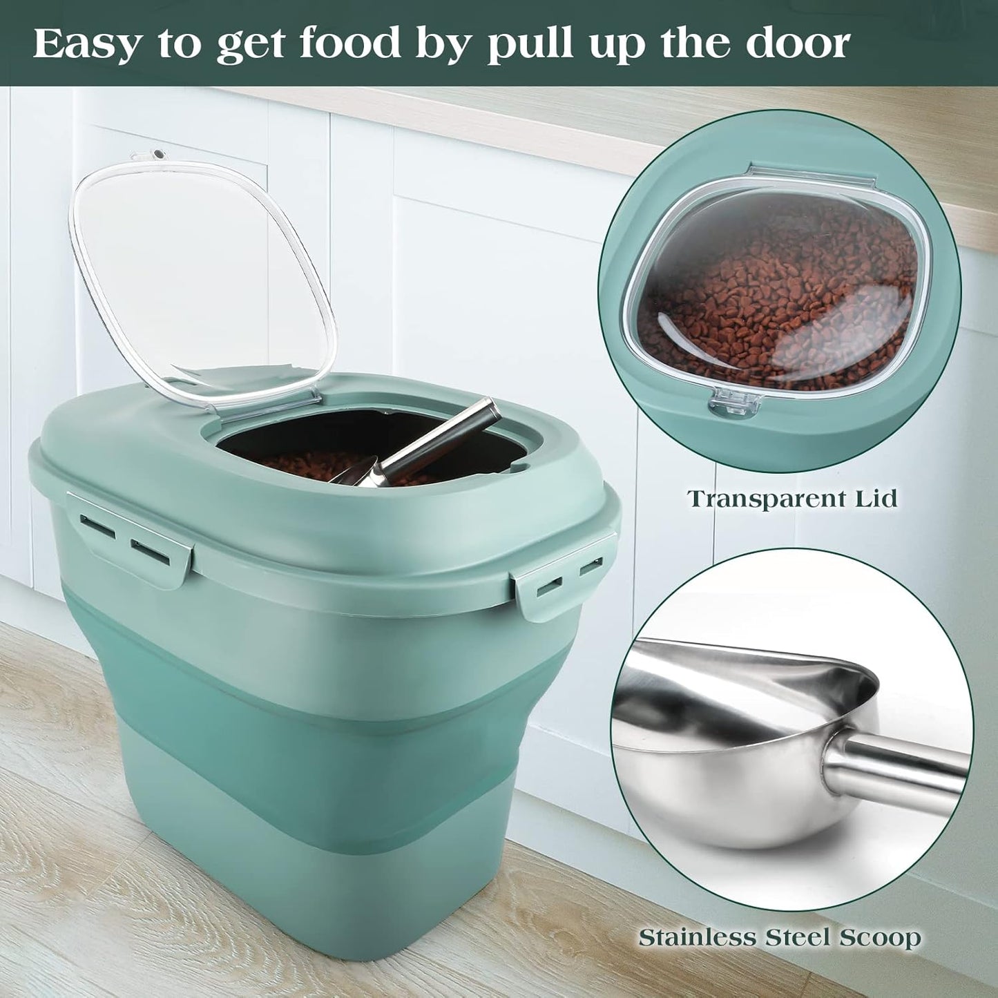 TIOVERY Dog Food Storage Container, Airtight Collapsible 13lb to 30lb Pet Food Container with Flip Top, Rolling Wheel, Scoop and a small container for Dog Cat Food and Dry Food of Rice, Flour