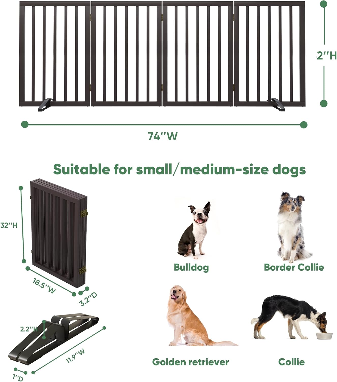 Freestanding Foldable Dog Gate - 4 Panel Room Divider with Metal Support Feet (Black)
