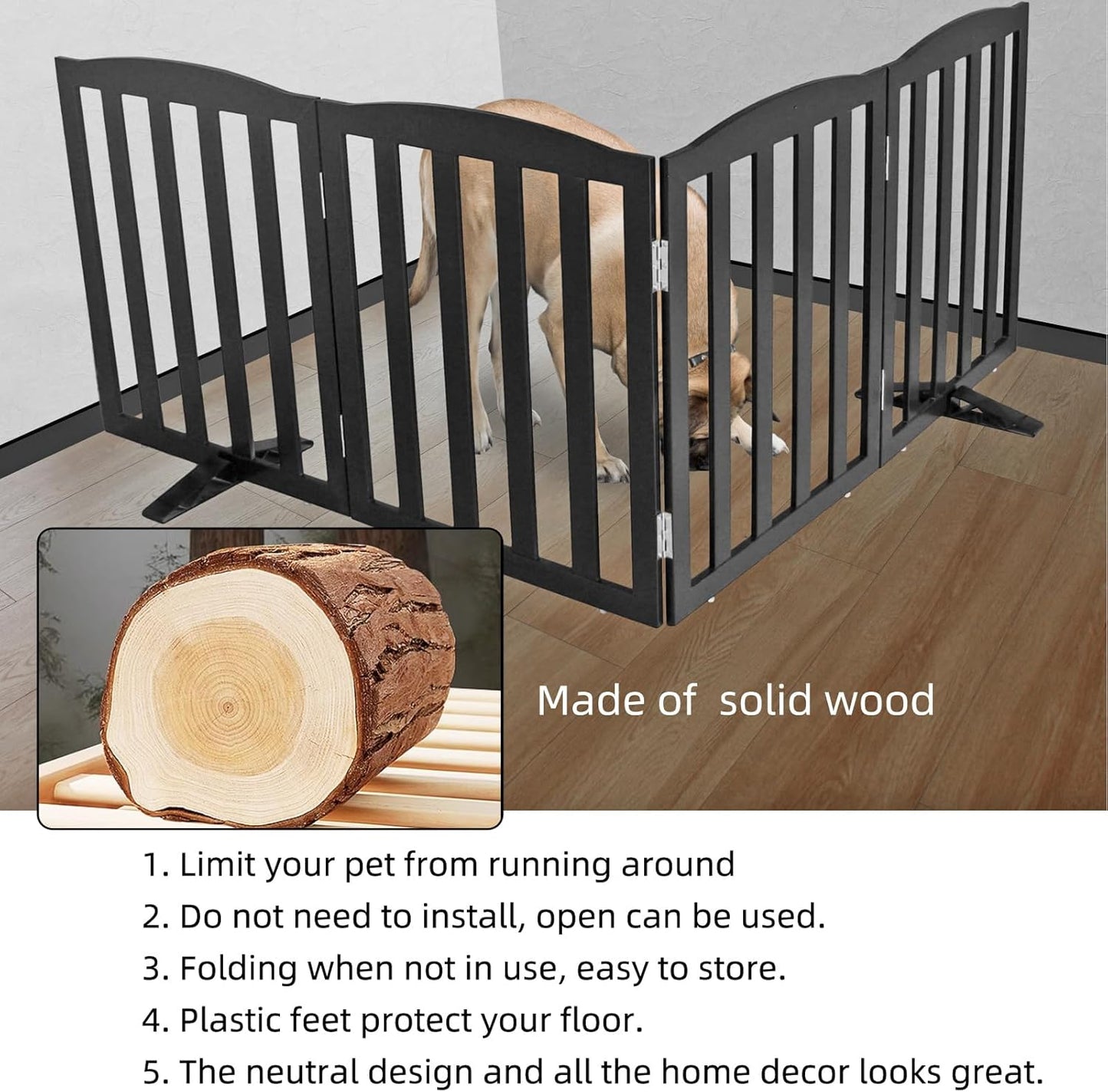 ZJSF Foldable Freestanding Indoor Dog Gate for House Wood White Long Pet Gates Dog Fence for Stairs Puppy Gates for Hallways,Pet Fence, Puppy Gate,Support Feet Included 24 "Height-3 Panels