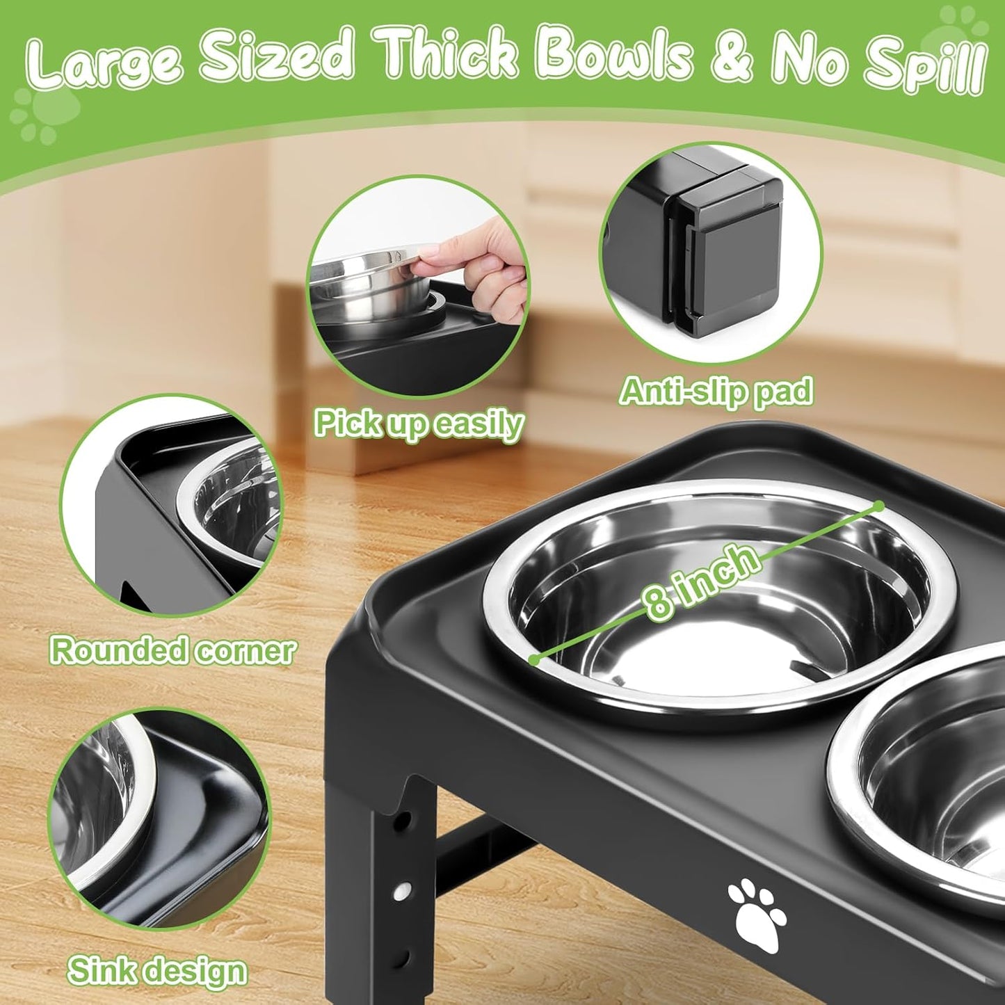 Elevated Raised Dog Bowl Stand with 2 Stainless Steel Bowls, Adjustable Height for Medium Large Dogs, 12.36" - 3.7" Foldable Feeder, Grey