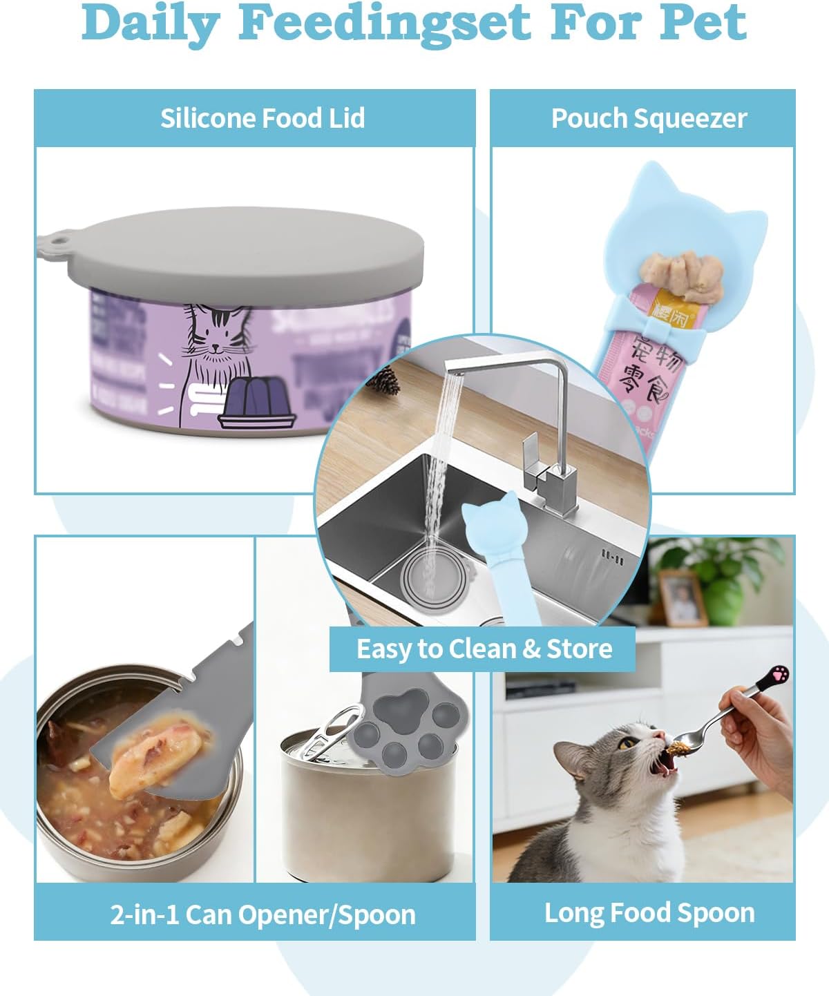 6 PCS Cat Food Can Covers Set, Reusable Silicone Can Lids with Opener, Stainless Steel Wet Food Spoon & Cat Treat Squeezer for Pet Feeding and Storage, Fits Cats & Dogs