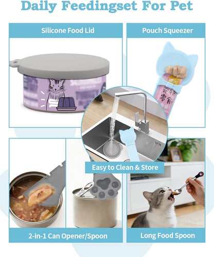 6 PCS Cat Food Can Covers Set, Reusable Silicone Can Lids with Opener, Stainless Steel Wet Food Spoon & Cat Treat Squeezer for Pet Feeding and Storage, Fits Cats & Dogs
