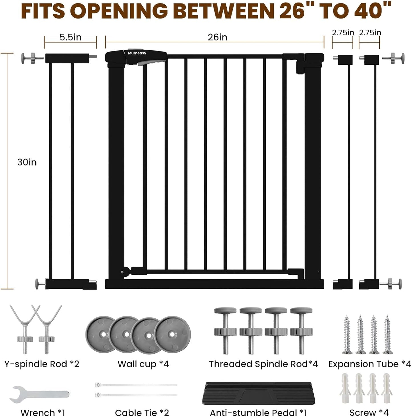 Baby Gate for Stairs, 29.7-40.6" Auto Close Dog Gate Indoor for Doorways, Dual-Lock Design, Adjustable Pet Gate No Drilling with Walk Thru Door for Hallways, Stroller Friendly, Black