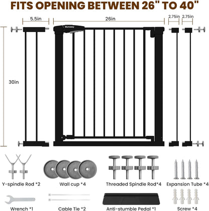 Baby Gate for Stairs, 29.7-40.6" Auto Close Dog Gate Indoor for Doorways, Dual-Lock Design, Adjustable Pet Gate No Drilling with Walk Thru Door for Hallways, Stroller Friendly, Black
