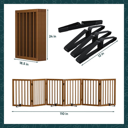 Freestanding Dog Gates Indoor, 3-Panel Pet Gates with 2 Metal Stands and 360° Hinge, 24" H Foldable Dog Gate for Stairs, Doorway, Kitchen, Expands Up to 55" Fully Assembled - Black Walnut