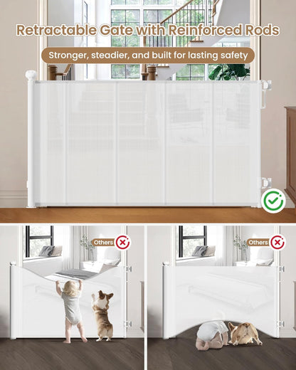 55" Retractable Baby Gates, 34" Tall Mesh Baby Gate with 4 Reinforced Rods, Prevents Kids & Dogs from Crawling Under, Retractable Dog Gate for Doorways, Hallways, Indoor/Outdoor, Black