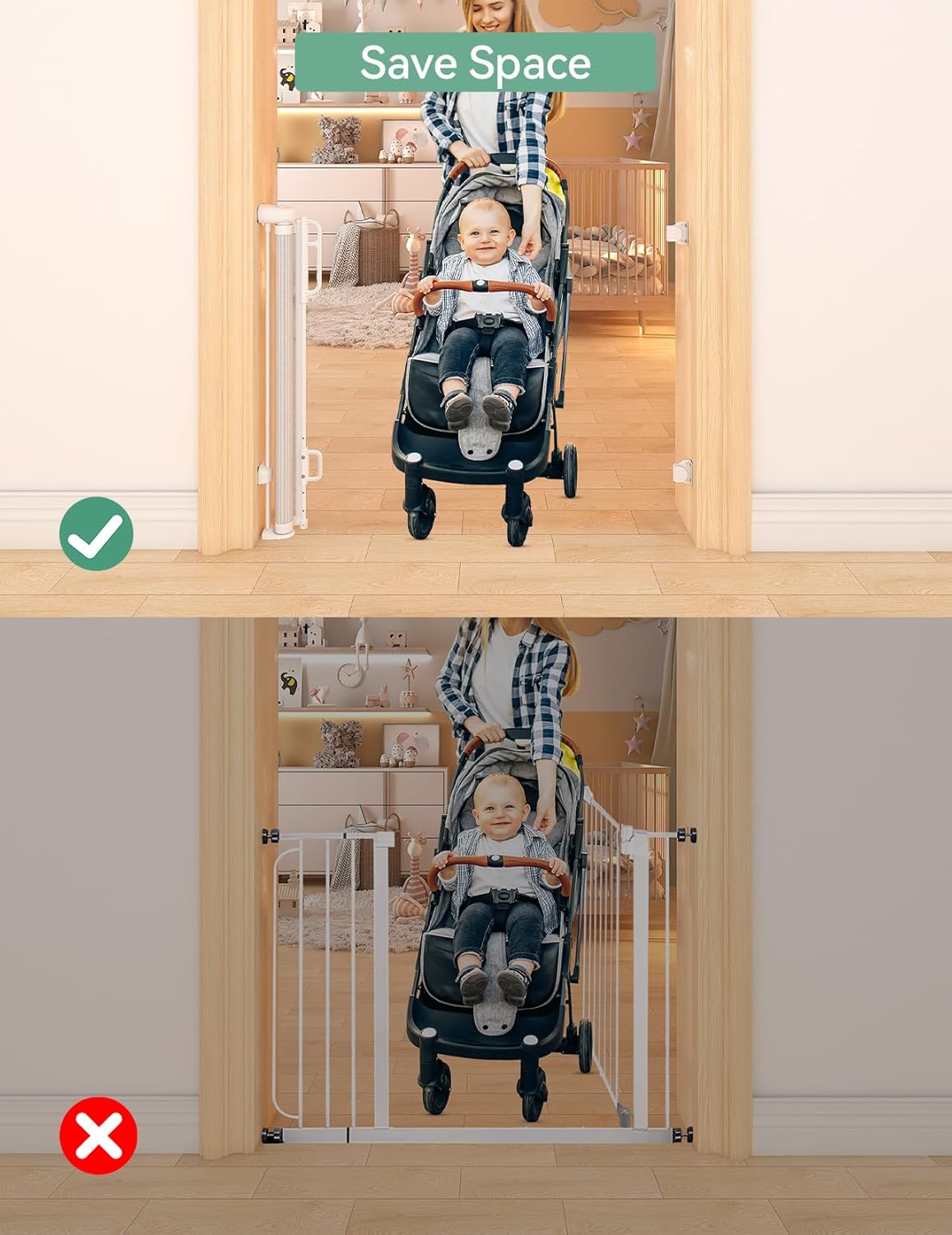 Momcozy Auto Lock Retractable Baby Gate, Safety Gate for Baby and Pet, 33” Tall, Extends to 55” Wide, Mesh Safety Dog Gate for Stairs, Indoor, Outdoor, Doorways, Hallways