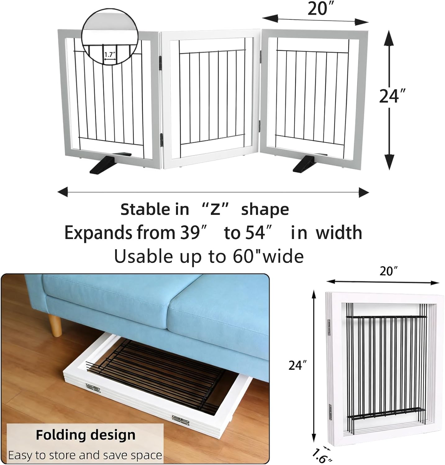 ZJSF Freestanding Dog Gate Indoor, Foldable Dog Fence for Doorways,Hallways or Stairs, Sturdy Wood Extra Wide Pet Gate with Support Feet,Black,24 "Height-3 Panels