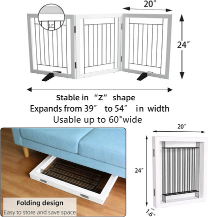 ZJSF Freestanding Dog Gate Indoor, Foldable Dog Fence for Doorways,Hallways or Stairs, Sturdy Wood Extra Wide Pet Gate with Support Feet,Black,24 "Height-3 Panels