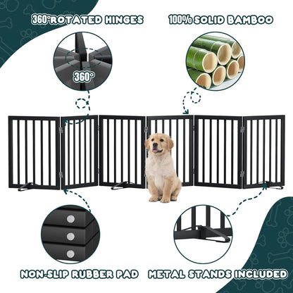 Freestanding Dog Gates Indoor, 3-Panel Pet Gates with 2 Metal Stands and 360° Hinge, 24" H Foldable Dog Gate for Stairs, Doorway, Kitchen, Expands Up to 55" Fully Assembled - Black Walnut
