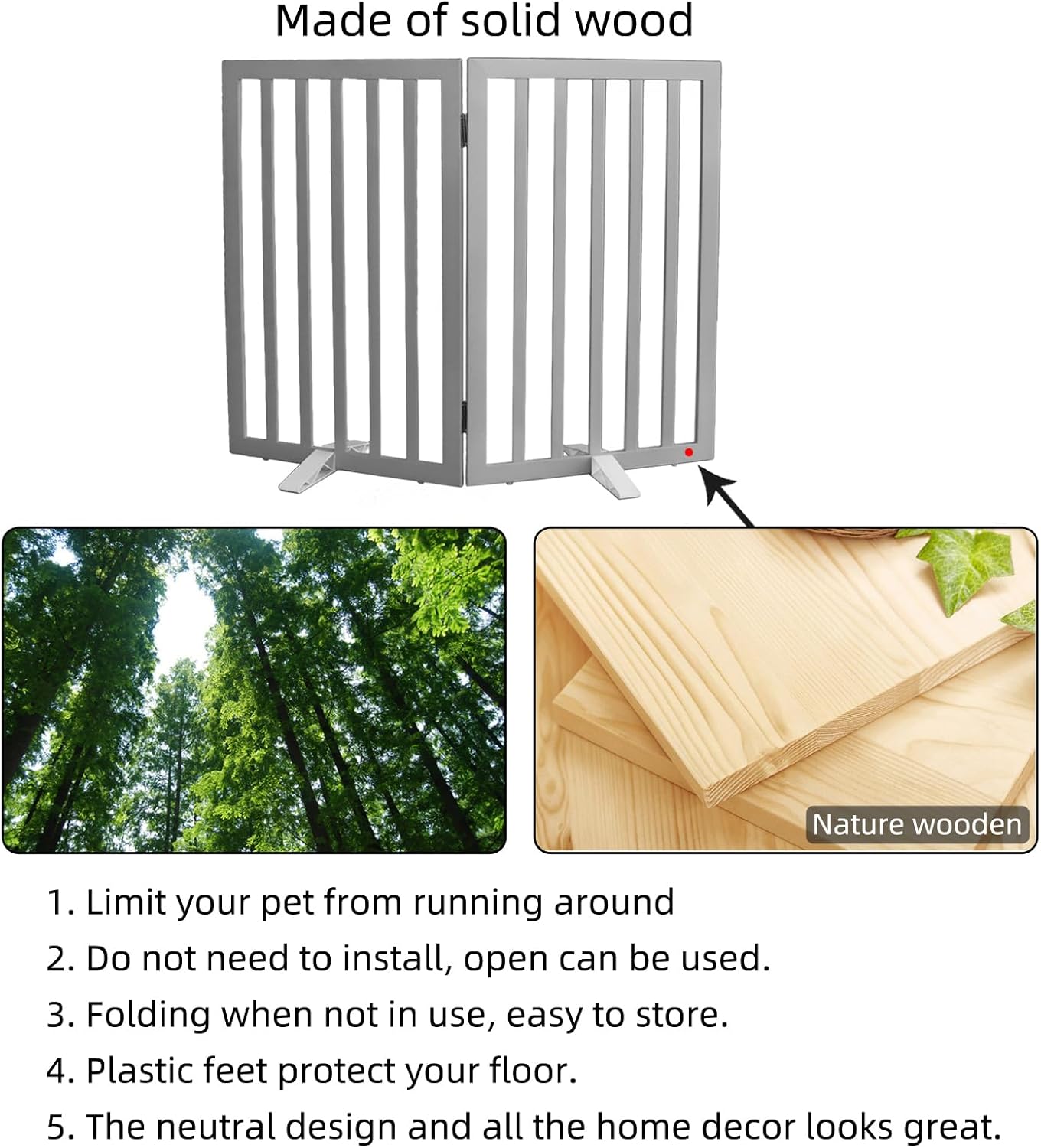 Dog Gate Indoor, Freestanding Dog Fence for The House, Doorways, Hallways,or Stairs,Pet Gate Foldable Wooden,Expandable 24" Height 3 Panels,White