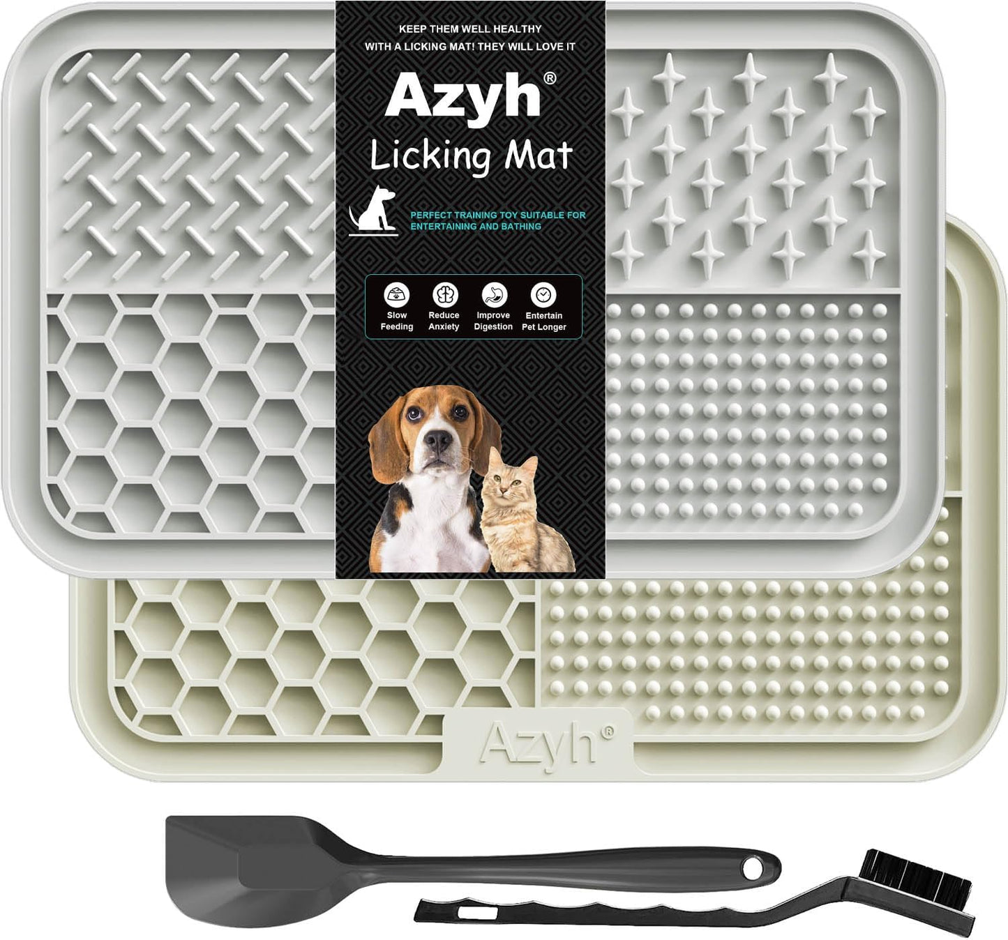 Azyh Licking Mat for Dogs & Cats 2 Pack, Slow Feeder Lick Pat for Large Dogs and Puppies, Anxiety Relief Dog Toys Feeding Mat for Butter Yogurt Peanut, Pets Bathing Grooming Training Mat (9.9'' × 6'')