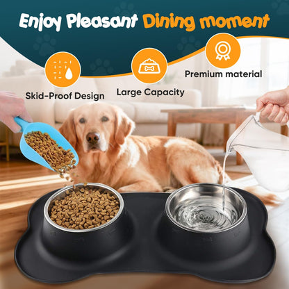 Double Dog Food Bowls Stainless Steel & Water Dish with No-Spill and Non-Slip Silicone Mat, Removable Puppy Feeder Bowls for Small Medium Size Cat Dogs Kitten,14oz