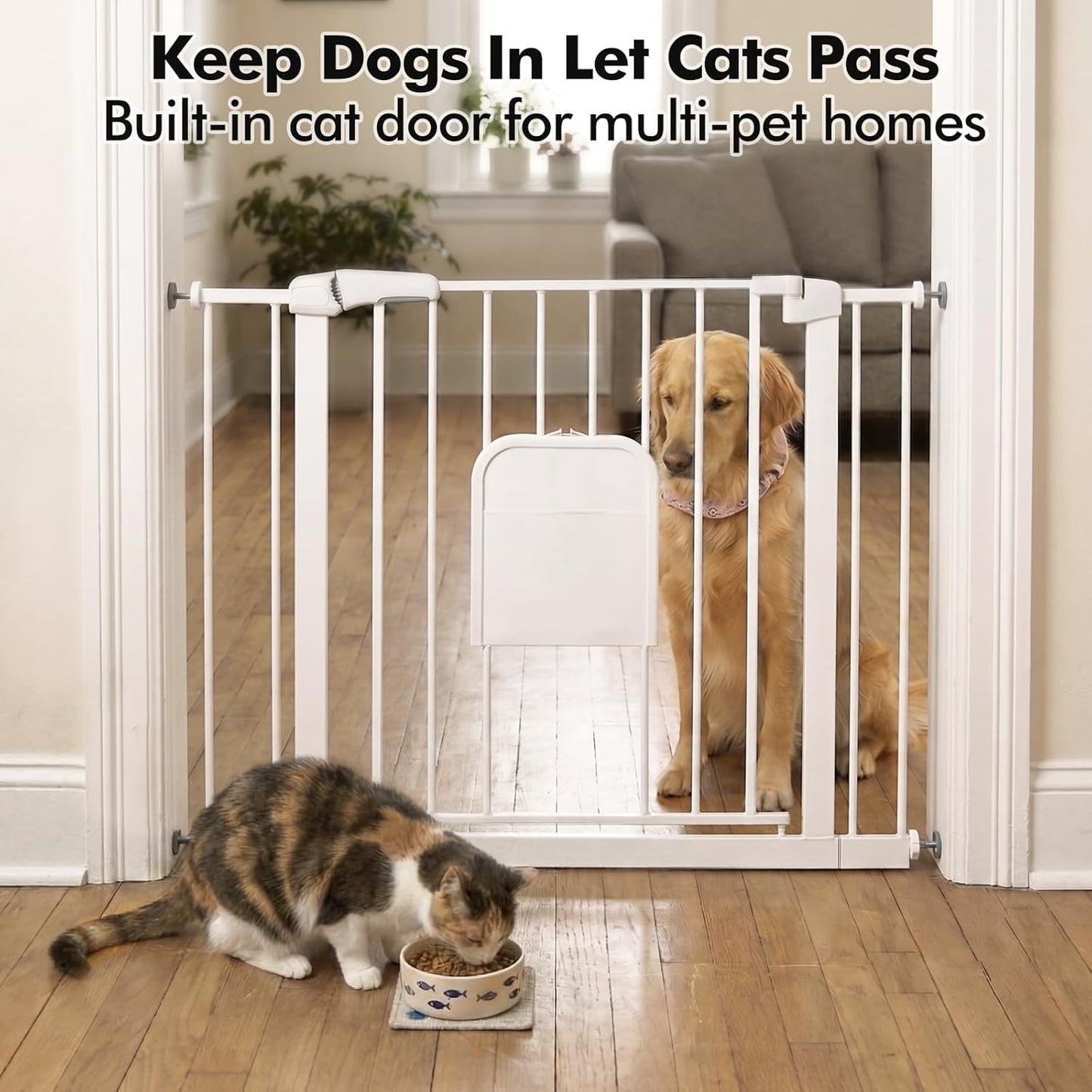 Metal Pet Gate with Cat Door, Adjustable Dog Gate for Doorways & Stairs, Pressure Mounted, Auto-Close, No Tools Needed, 31-46 Inches, Black