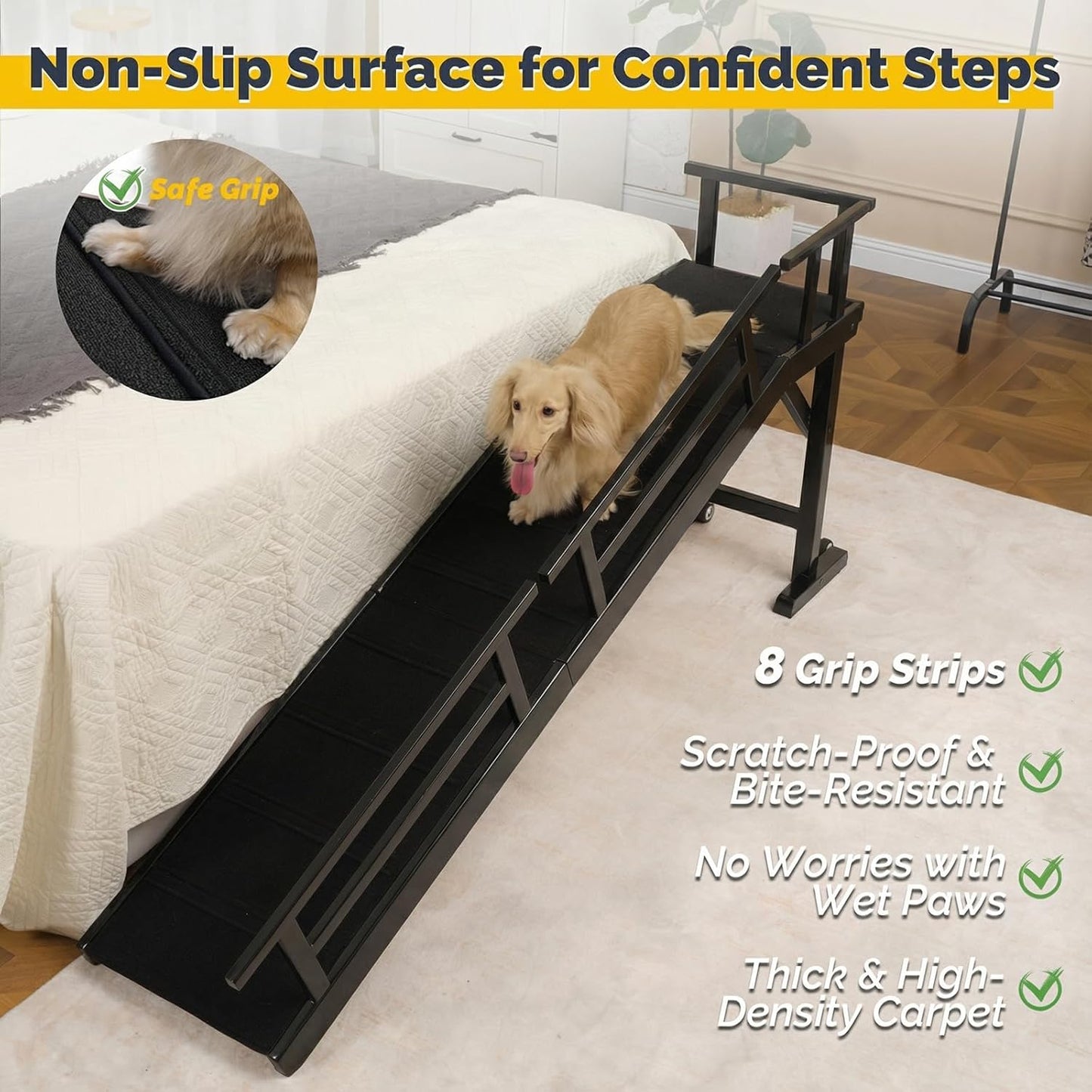 Dog Ramp for Bed or Couch, Wooden Pet Ramp with 20° Gentle Slope, Removable Side Rails, Non-Slip Surface, Top Platform & Wheels, Safe Bed Ramp for Small, Large & Senior Dogs, 60" Long, Mahogany