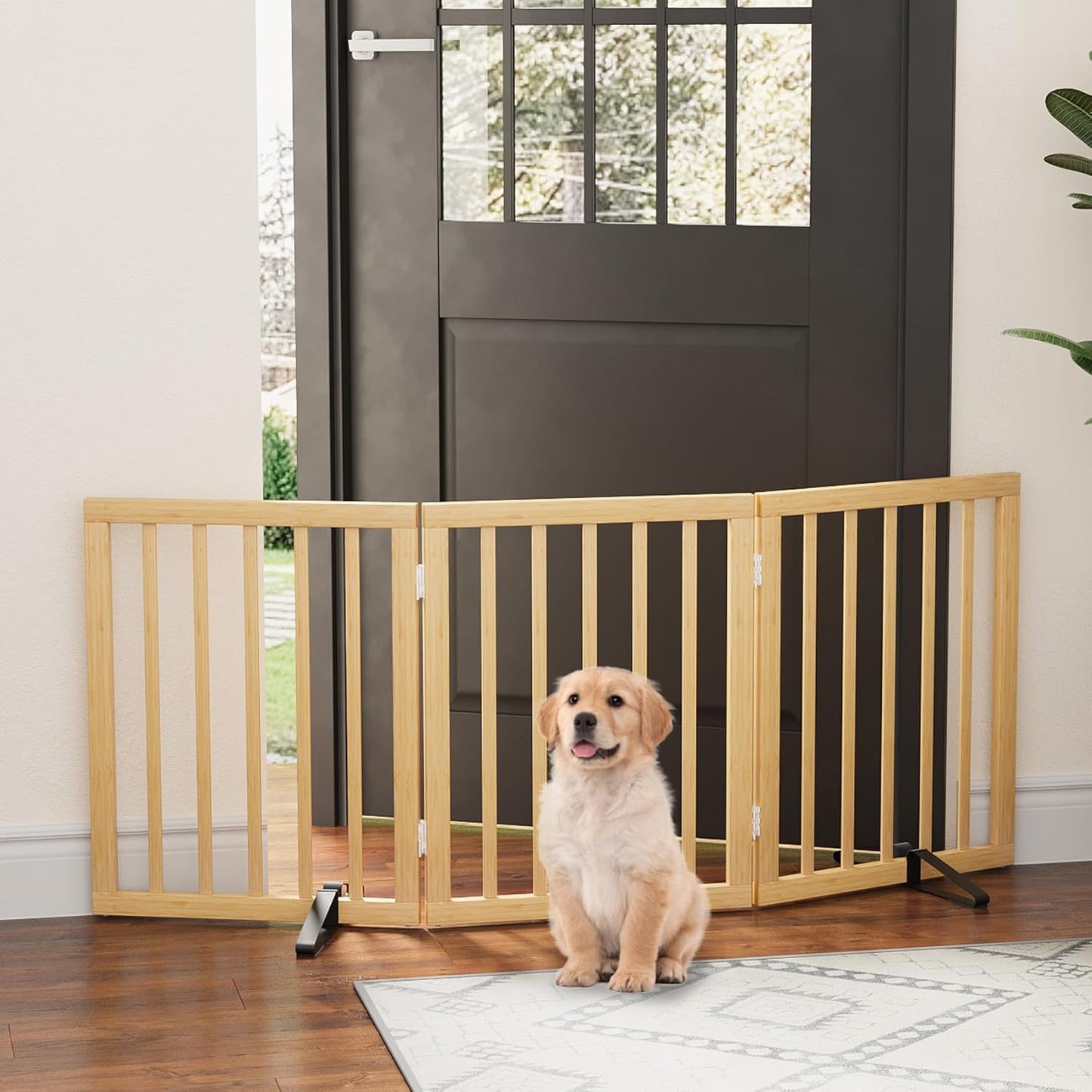 Freestanding Foldable Dog Gate - 4 Panel Room Divider with Metal Support Feet (Black)