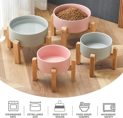 6'' Ceramic Raised Dog Bowl - 30Oz Dog Food & Water Bowl with Elevated Non-Slip Bamboo Stand, Dishwasher & Microwave Safe, Anti Vomiting Heavy Duty Pet Bowl for Small and Medium Dogs, White