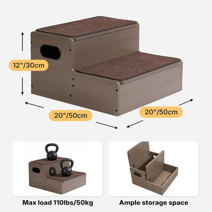 Veehoo Dog Stairs for Bed Couch with Storage 12" H 20" W, 2 Steps Wooden Steps for Dogs to Get on Bed with Non Slip Rug, Joint Friendly Pet Cat Stairs Puppy Doggy Ramp Ladder for Small to Large Dogs