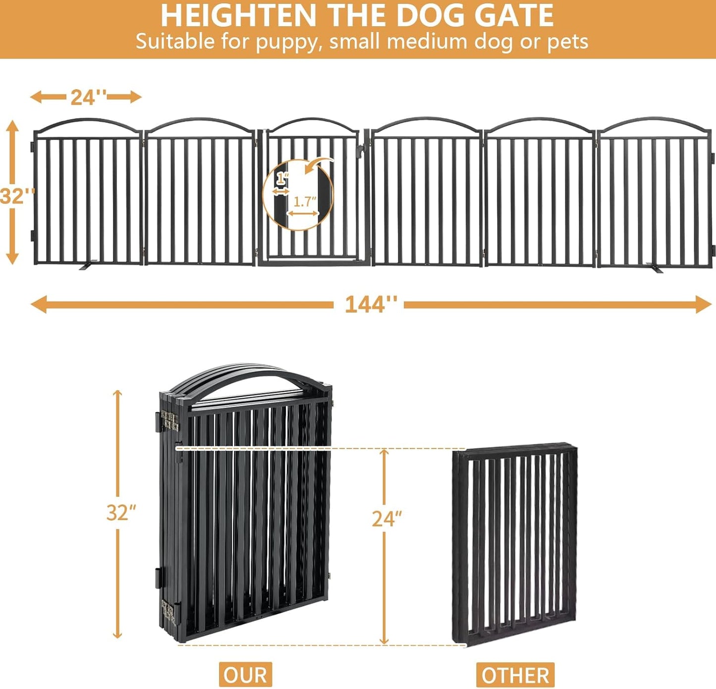 Malier Metal Freestanding Dog Gate, 32'' Height Outdoor Indoor Dog Fences, Extra Wide Foldable Puppy Gate for Stairs (Black, 【2 Panels】 40''W × 32''H)