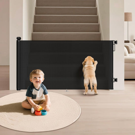 Retractable Baby Gate for Stairs & Doorways, 34" Tall Extends to 55" Wide, Mesh Baby & Pet Gate with Anti-Crawling Hook, Safety Gate for Toddlers, Doorways, Hallways, Indoor, Black