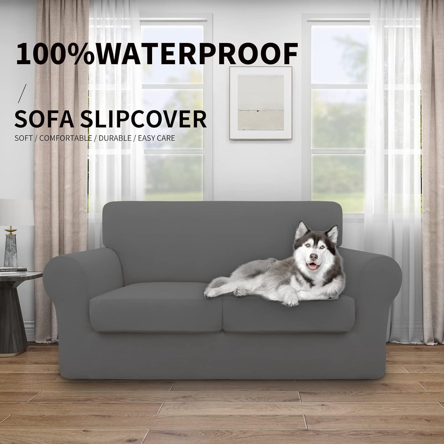 Easy-Going 100% Dual Waterproof 4 Pieces Stretch Soft Couch Cover for Dogs, Sofa Slipcover for 3 Separate Cushion Couch Leakproof Furniture Protector for Kids, Pets Dark Gray