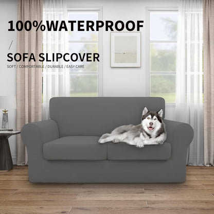 Easy-Going 100% Dual Waterproof 4 Pieces Stretch Soft Couch Cover for Dogs, Sofa Slipcover for 3 Separate Cushion Couch Leakproof Furniture Protector for Kids, Pets Dark Gray