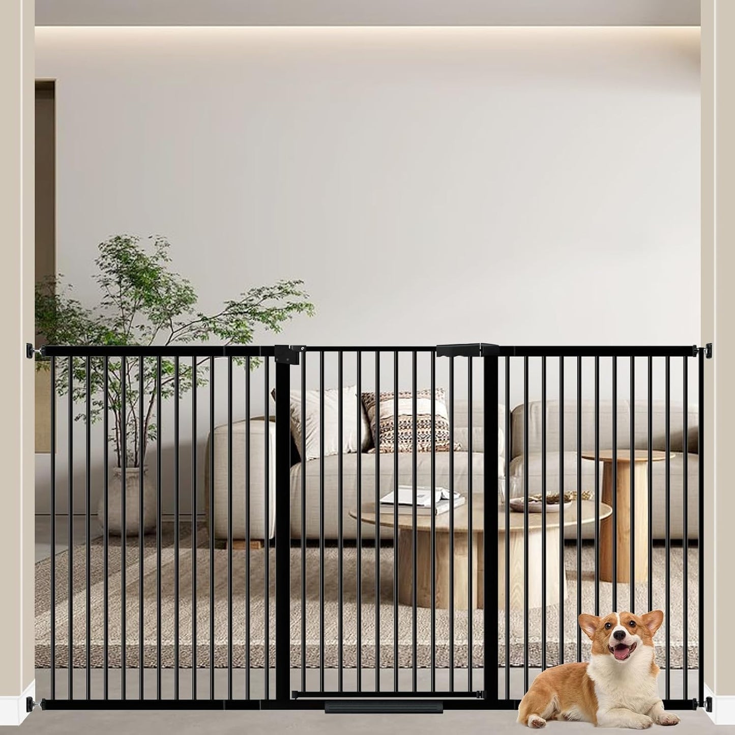 WAOWAO 40.55" Extra Tall 1.37" Ultra Narrow Spacing 53.74-61.61" Extra Wide Dogs Pets Baby Gate Safety Indoor Puppy Pressure Mounted Gate No Drill Black Metal for Stairs,Doorways,Kitchen,Hallway