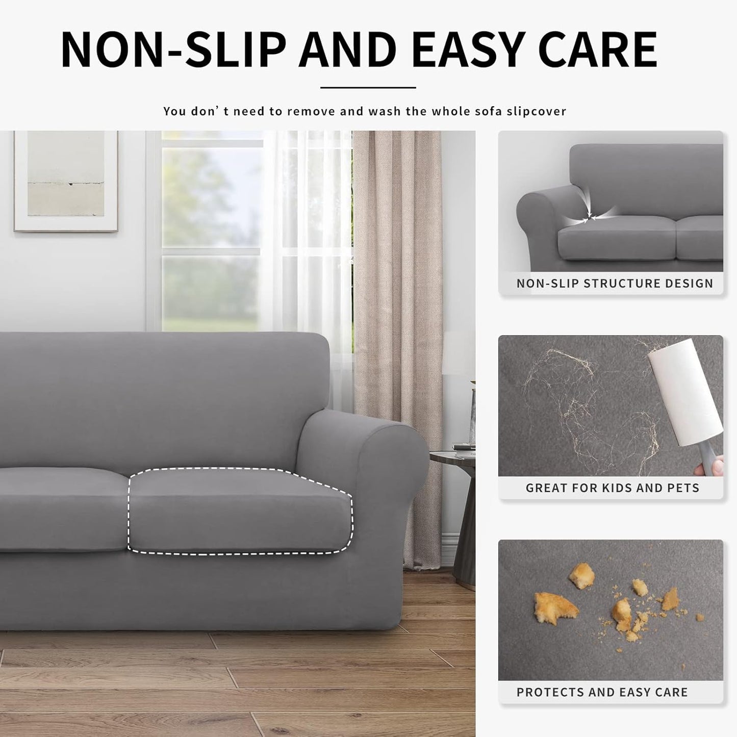 Easy-Going 100% Dual Waterproof 4 Pieces Stretch Soft Couch Cover for Dogs, Sofa Slipcover for 3 Separate Cushion Couch Leakproof Furniture Protector for Kids, Pets Dark Gray