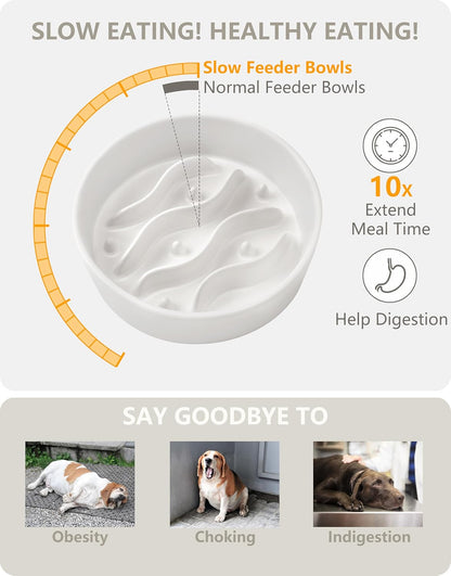 Ceramic Slow Feeder Dog Bowls for Medium and Large Dogs, 2.0 Cups Dog Slow Feeder for Fast Eater, 30oz, 8in, White