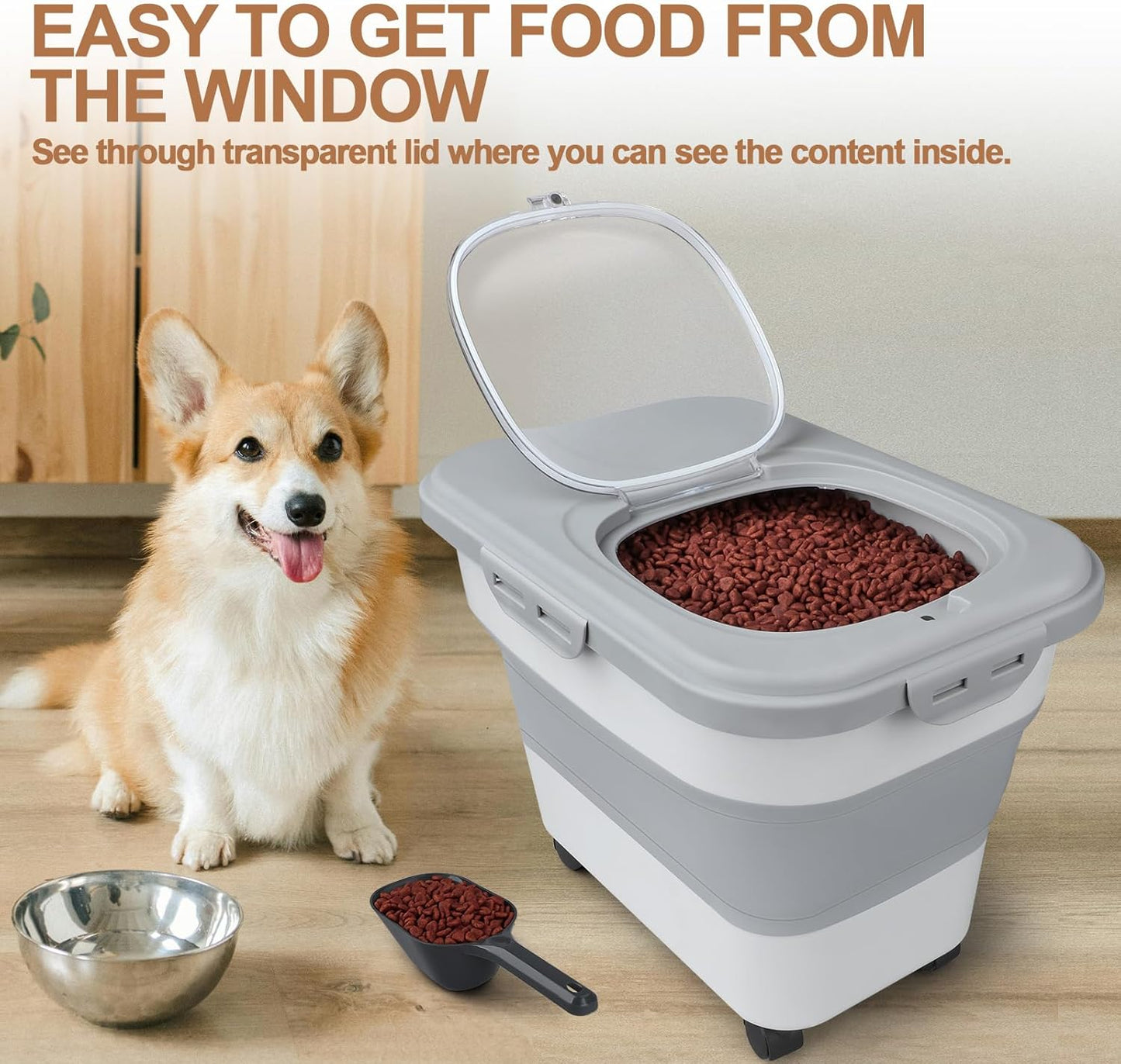 TIOVERY Dog Food Storage Container Small, 10-13lbs Collapsible Dog Cat Food Containers with Airtight Clear Flip-top and Pet Food Scoop, Pet Food Storage Container Bin for Dog Cat Bird Other Pets Grey