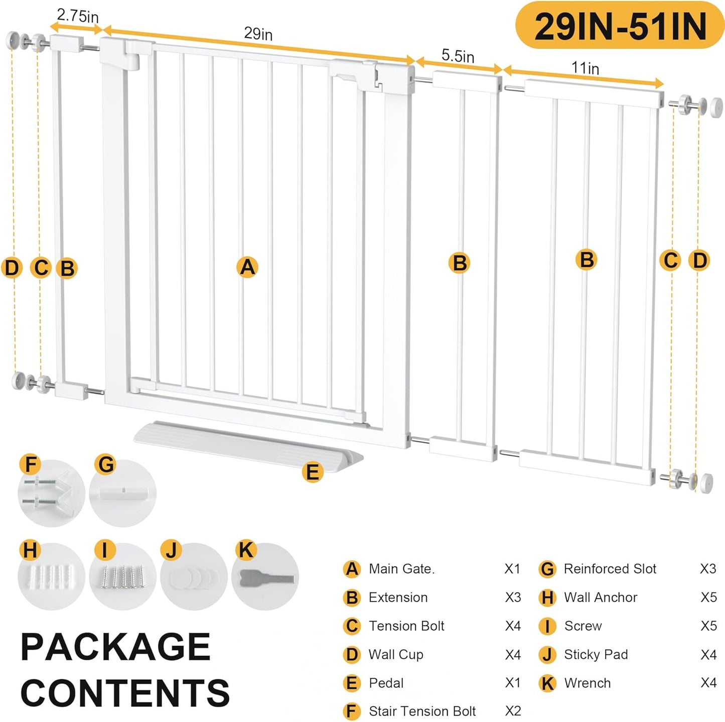29-42 inches Metal Baby Gate for Stairs/Doorways, 30 inches Tall Pressure Mounted Pet Gates, Auto-Close Child Safety Gate, No Drilling Easy Walk-Through Dog Gate Indoor, Black