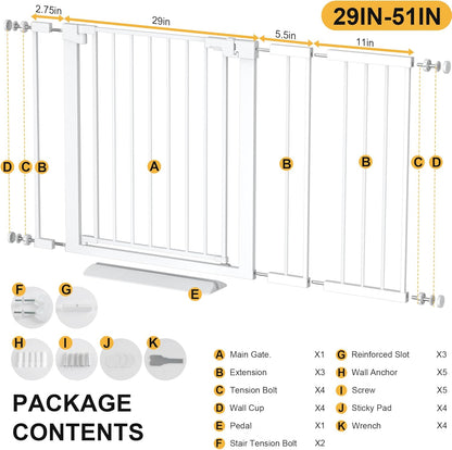 29-42 inches Metal Baby Gate for Stairs/Doorways, 30 inches Tall Pressure Mounted Pet Gates, Auto-Close Child Safety Gate, No Drilling Easy Walk-Through Dog Gate Indoor, Black