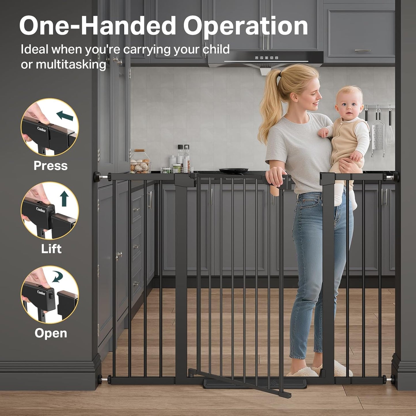 Cumbor 36.6-64" Extra Wide Baby Gate for Stairs, Dog Gates for Doorways, Auto-Close Pet Gate Indoor, Pressure Mounted Walk Through Safety Child Gate for Kids Toddler, Tall Pet Puppy Fence Gate, Brown