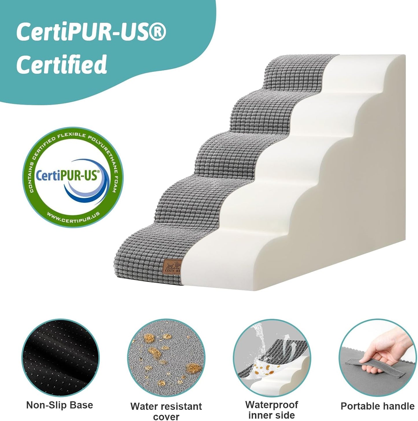 COZY KISS Dog Stairs for Small Dogs 15.7" H, Curved Dog Step for Puppy, Older Cat, Medium Pet Ramp for Sofa, Couch or Chair, Ladder with High Density Foam, 3 Step, 15.7x22.4x15.7 inch, Beige