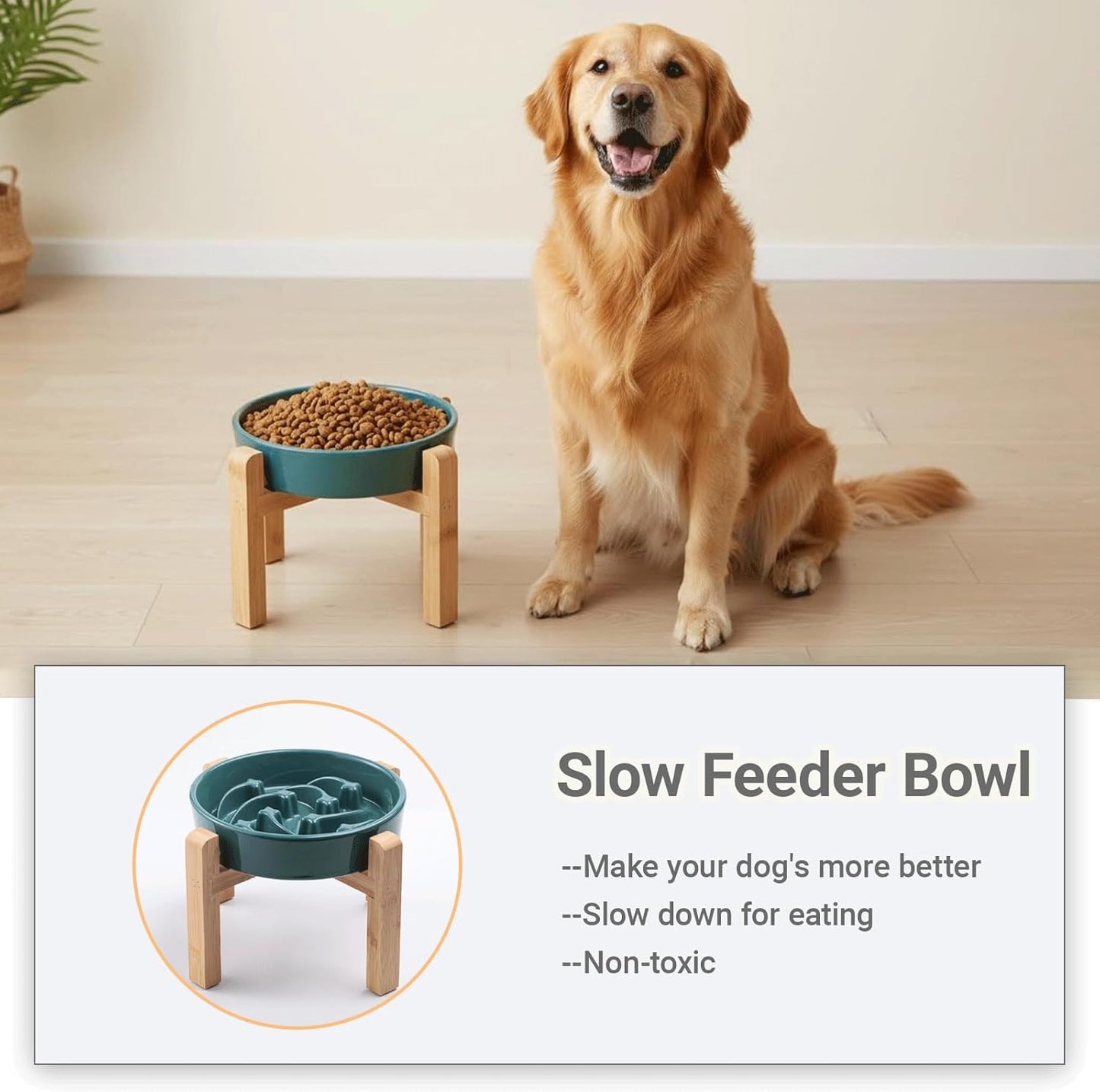 Ceramic Slow Feeder/Dog Bowl for Small Medium Dogs,Elevated/Raised Slow Feeding Dog Food Water Dish Heavy Weighted,Puzzle Eating Bowl Moder （Stars Mark-Forest Green, 8.26in）