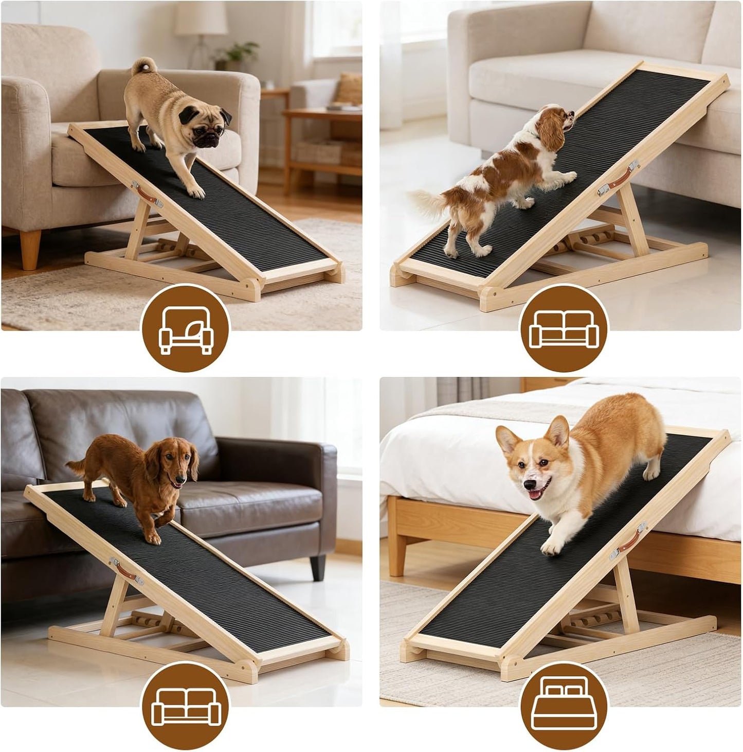 Dog Ramp for Couch with Non-Slip Silicone Mat, 39" Wooden Pet Ramps for Small Dogs, Hold up to 100lb, Adjustable Height from 11.41" to 20.47", Portable Stable Pet Step for Sofa Stairs