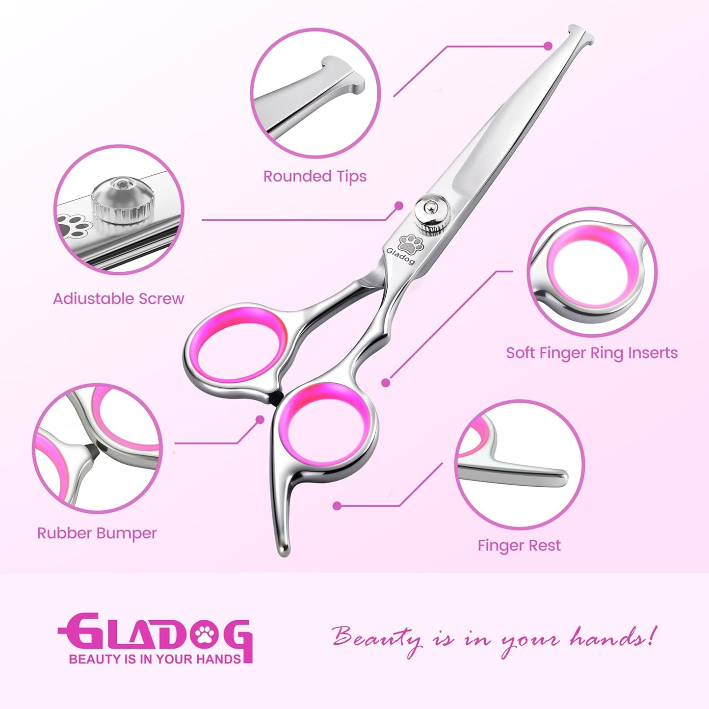 GLADOG Professional 5 in 1 Dog Grooming Scissors Set with Safety Round Tips, Sharp and Heavy-duty Pet Grooming Shears for Cats