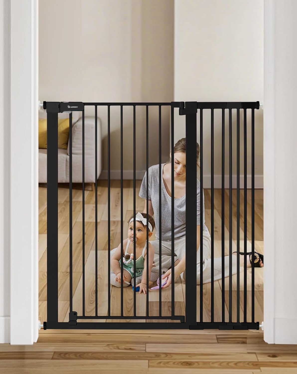 COMOMY 42" Extra Tall Baby Gate for Stairs Doorways, Fits Openings 29.5" to 40.6" Wide, Auto Close Sturdy Safety Dog Gate for House, Pressure Mounted Easy Walk Through Pet Gate with Door, White