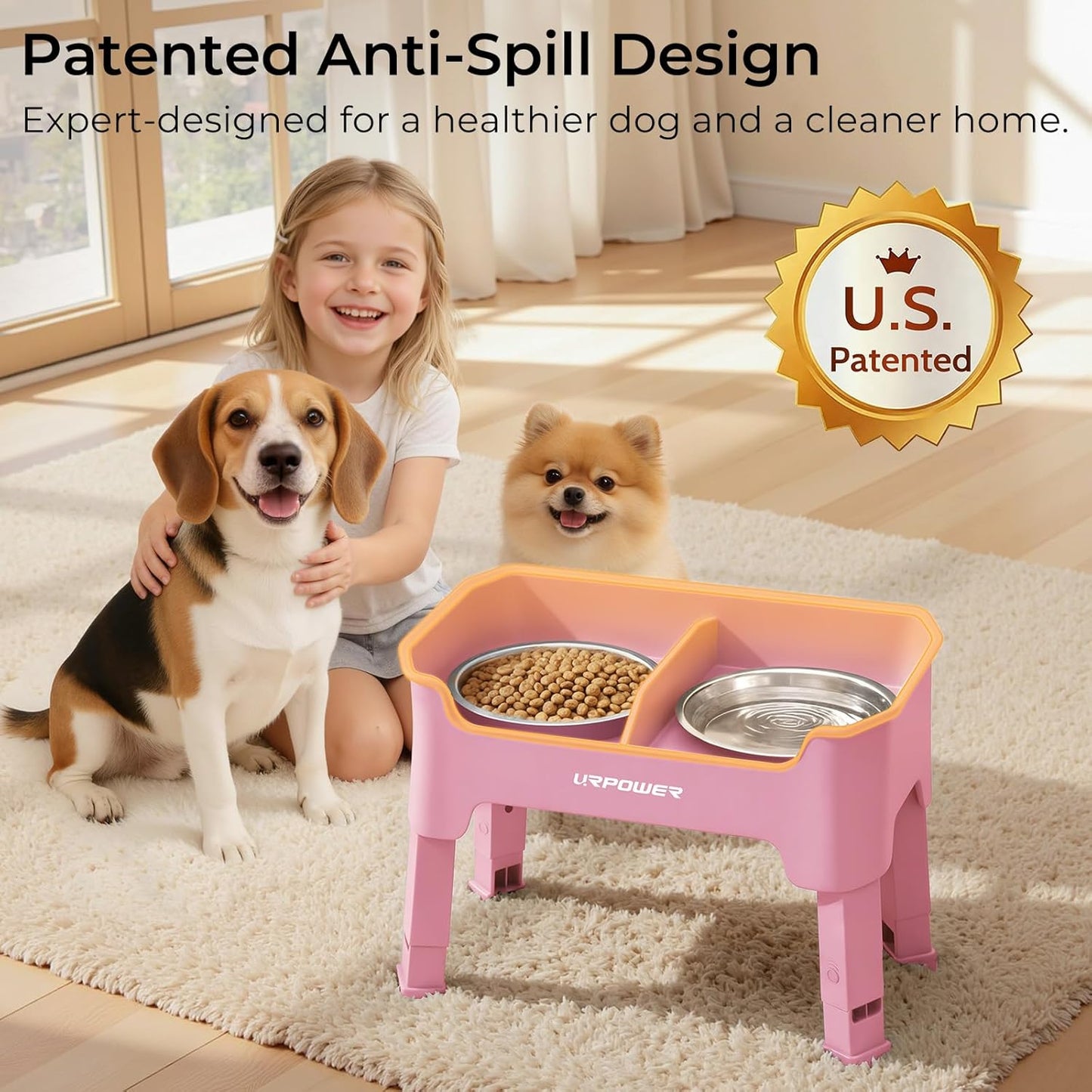 URPOWER 3-in-1 Elevated Dog Bowls - Mess Proof Double Deck 4 Height Adjustable Raised Stand with 2 Stainless Steel Food Bowls & Licking Plate for Small, Medium & Large Dogs