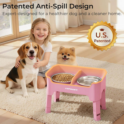 URPOWER 3-in-1 Elevated Dog Bowls - Mess Proof Double Deck 4 Height Adjustable Raised Stand with 2 Stainless Steel Food Bowls & Licking Plate for Small, Medium & Large Dogs