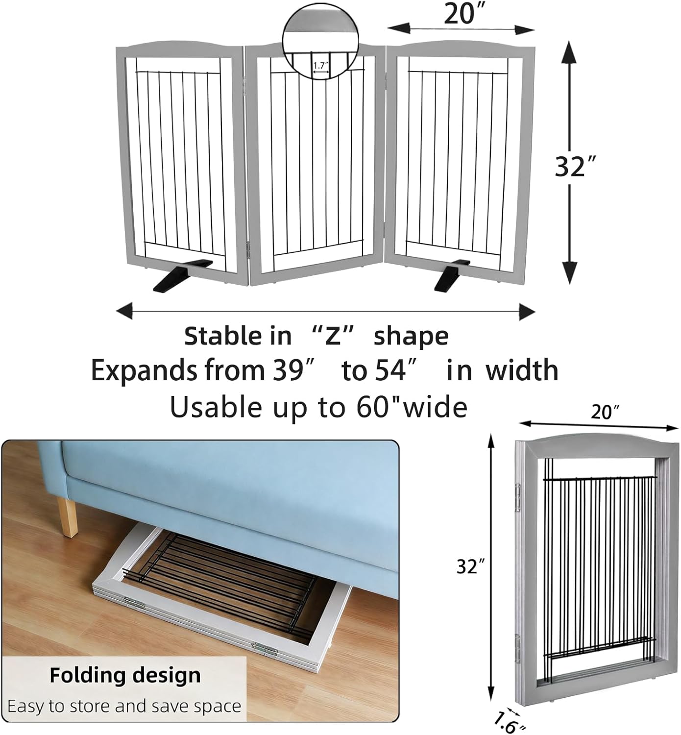 ZJSF Freestanding Dog Fence Indoor, Foldable Dog Gate for Doorways, Stairs or Hallways, Sturdy Wood Extra Wide Pet Gate with Support Feet for The House, White, 24 "Height-3 Panels