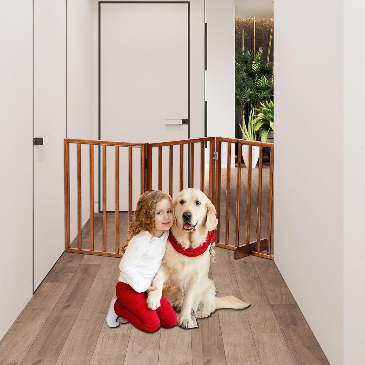 4 Panels Wooden Dogs Fence,Free Standing Pet Gate for Dog Cat,Wooden Indoor Foldable Dog Gate,Wide Pet Puppy Safety Fence,with Support Feet,for Hallways, Stairs, Doorways, Halls, Kitchen (Brown)