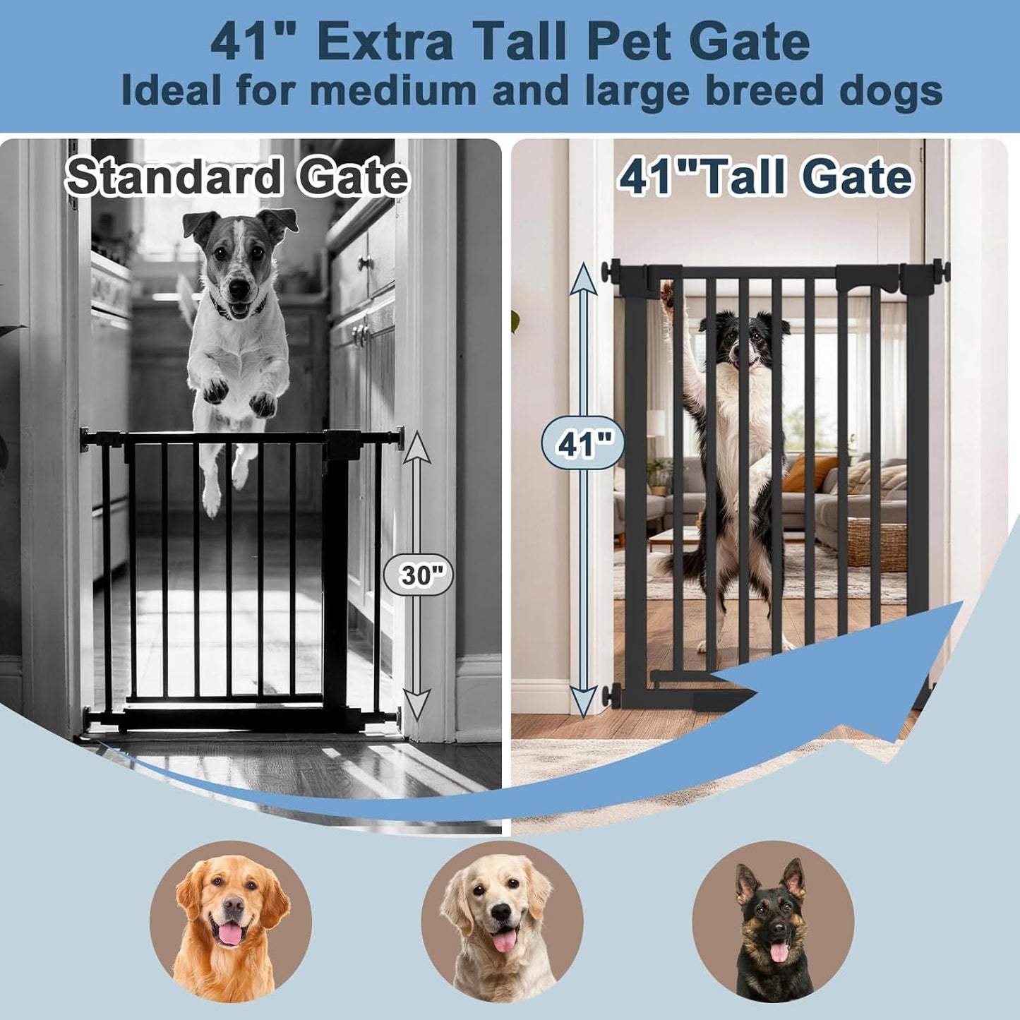 41" Extra Tall Dog Gate Indoor,30-62.5" Wide Heavy Duty Pet Gate for Doorways,Baby Gate with Walk Through and Auto Close, Pressure Mounted, Suitable for Stairs,Kitchen,White