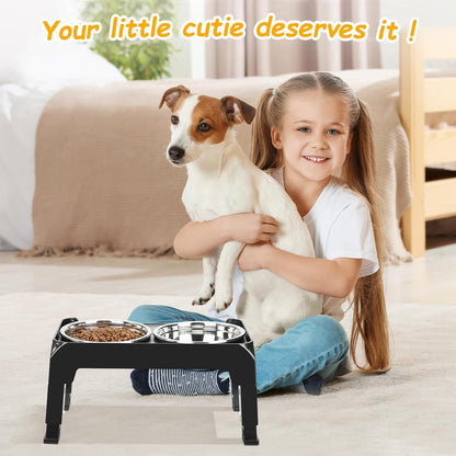 Elevated Raised Dog Bowl Stand with 2 Stainless Steel Bowls, Adjustable Height for Medium Large Dogs, 12.36" - 3.7" Foldable Feeder, Grey