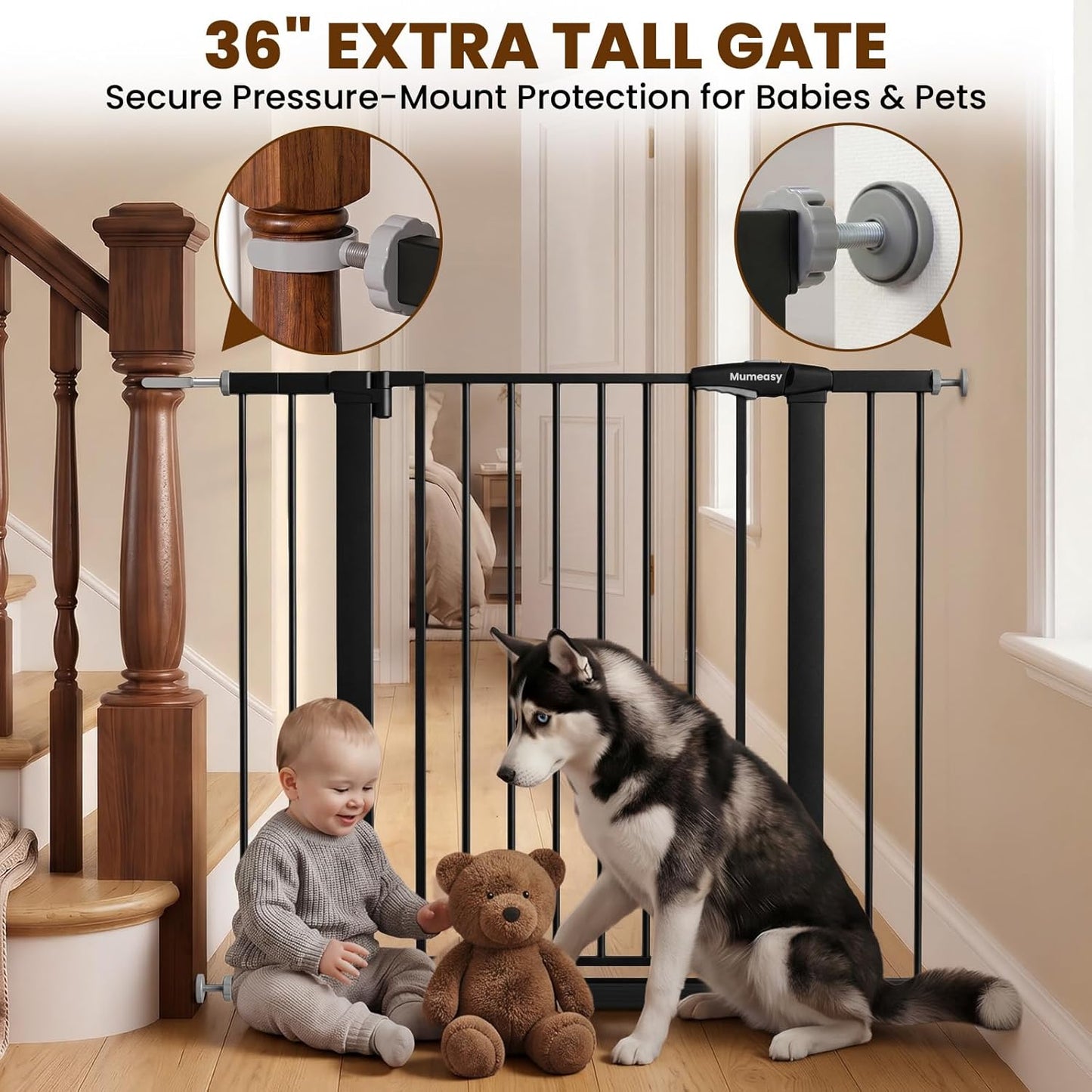 Mumeasy 29.7-46" Baby Gate for Stairs, Pressure Mounted Dog Gate for Doorways, Auto Close Walk Through Pet Gate Indoor, Extra Wide Metal Child Safety Gate, Mom's Choice Awards Winner, Black