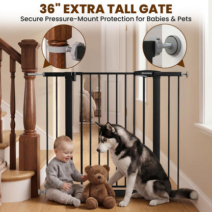 Mumeasy 29.7-46" Baby Gate for Stairs, Pressure Mounted Dog Gate for Doorways, Auto Close Walk Through Pet Gate Indoor, Extra Wide Metal Child Safety Gate, Mom's Choice Awards Winner, Black