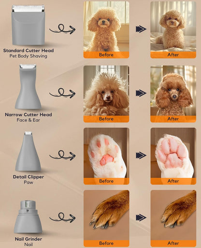 Dog Clippers Grooming Kit, 4 in 1 Quiet Cordless Dog Paw Trimmer & Nail Grinder, Small Cat Clippers Electric Rechargeable Low Noise Pet Shaver for Trimming Hair on Paw Eye Ear Face Rump (Pink)