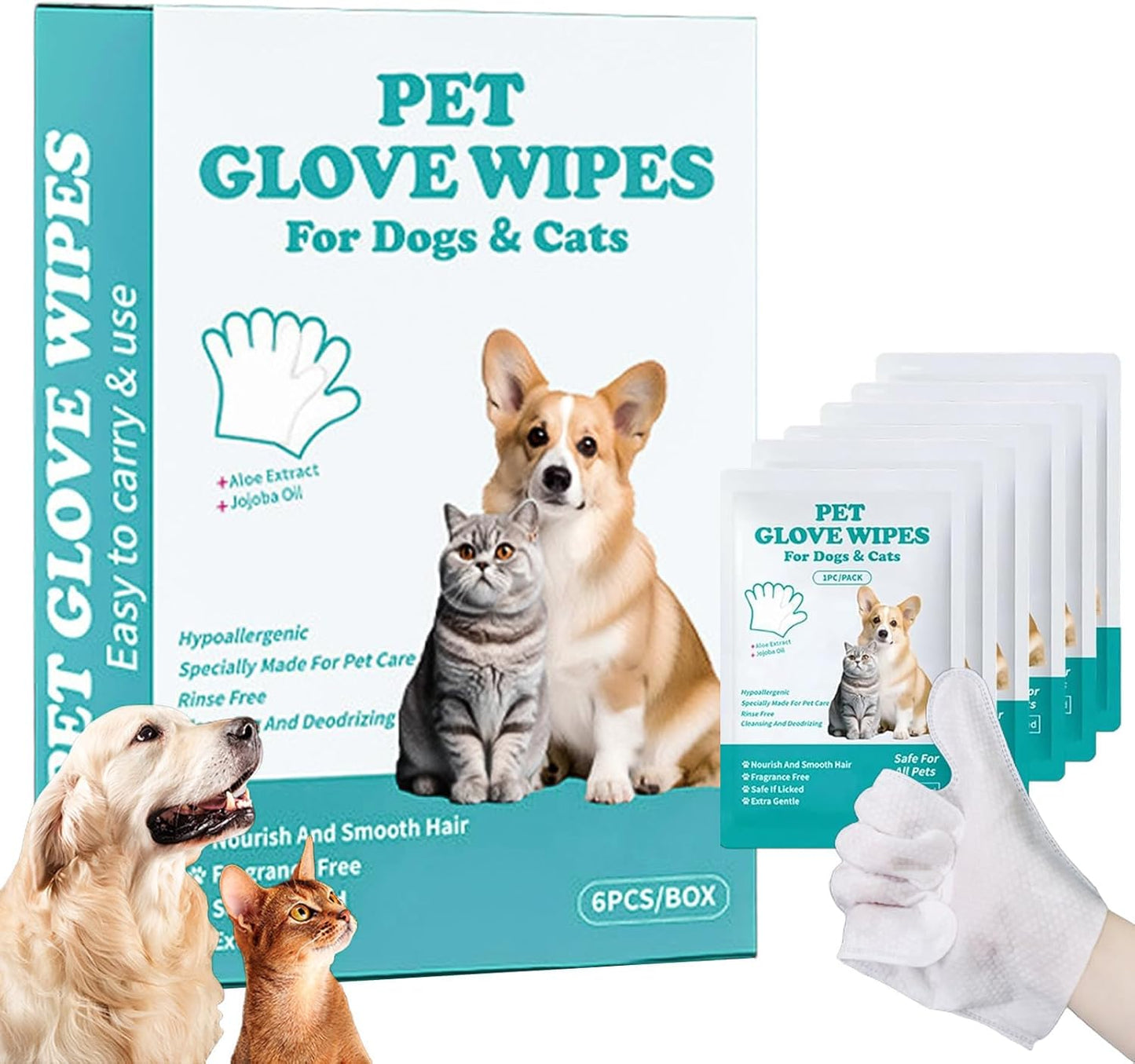 Dog Glove Wipes for Paws, Butt, Ears & Eyes - Pet Cleaning Wipes After Walk, Potty & Grooming | Extra Large Thick Rinse-Free for Dogs & Cats | Hypoallergenic Fragrance-Free for On-the-Go & Camping