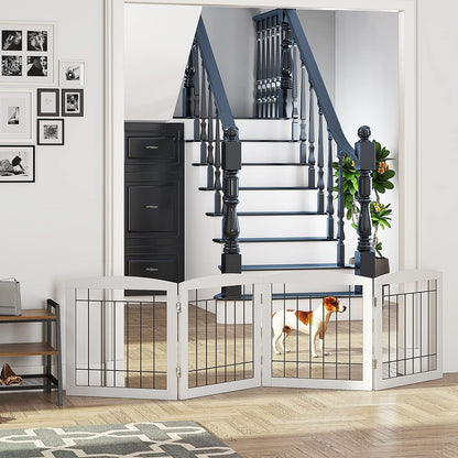 PAWLAND Free Standing Dog Gates for The House Stairs Doorways Indoor Foldable Wooden Small White Puppy Pet Gate Step Over Fence 60" W 24" H 3 Panels